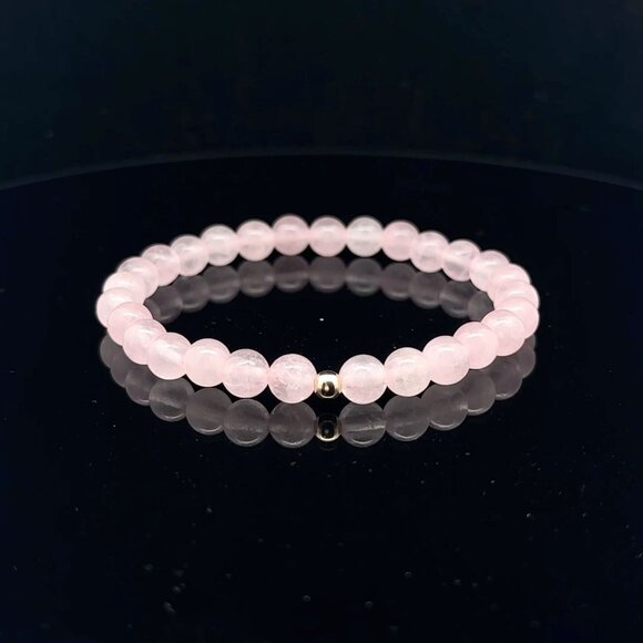 RAFANTHIA Jewelry - Gemstones Rose Quartz 6mm Stretchable Bracelet 14k Yellow Gold Polished Bead
